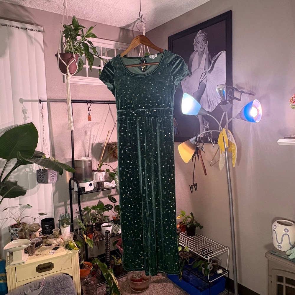 STITCH & PINE Green Velvet Star Print Maxi Dress Womens L Celestial Cottagecore